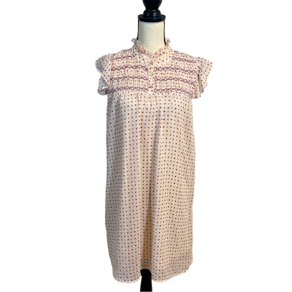 Entro Polka Dot Shift Dress Smocked Neck 70’s Schoolgirl Size Medium